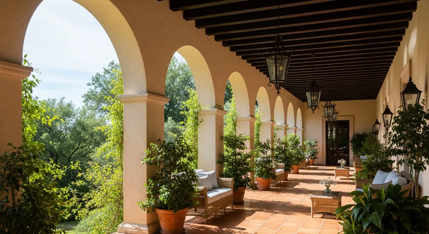 The Long Patio Features Creamy Stucco Arches, Terracotta Tile Flooring, and a Dark Wooden Beamed Ceiling