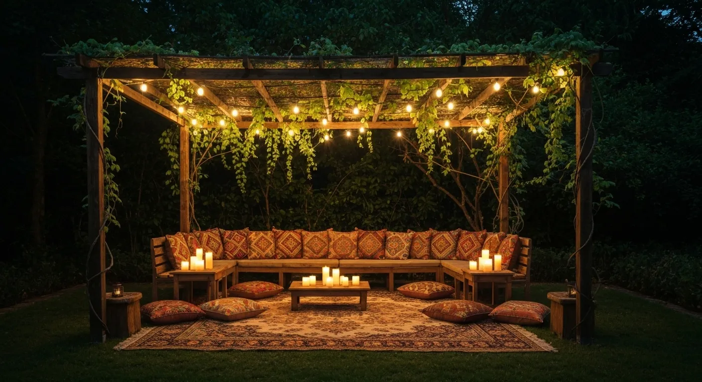 Outdoor Sitting Decor with Lights and Candles  Outdoor Sitting Decor with Lights and Candles