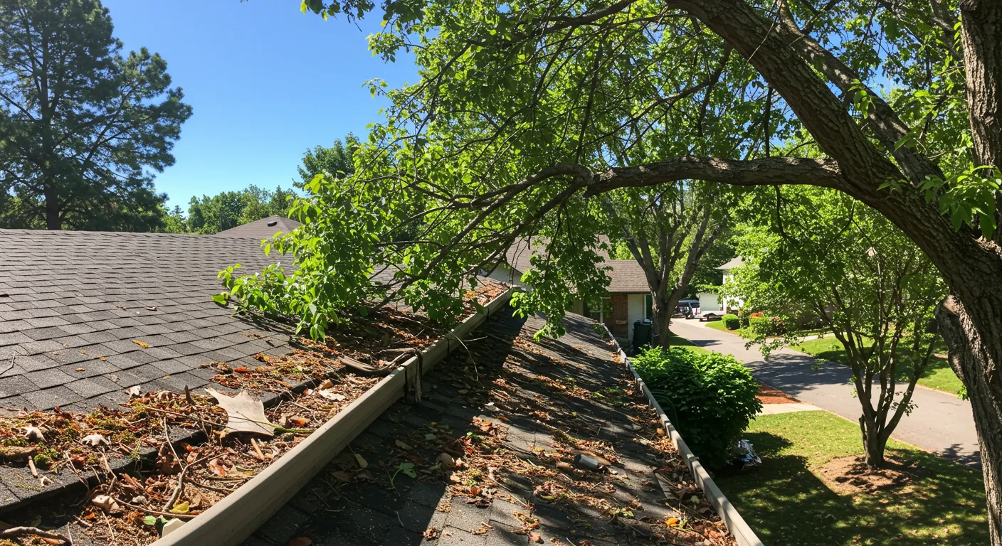Overhanging Tree Branches Touching a Residential Roof Overhanging Tree Branches Touching a Residential Roof