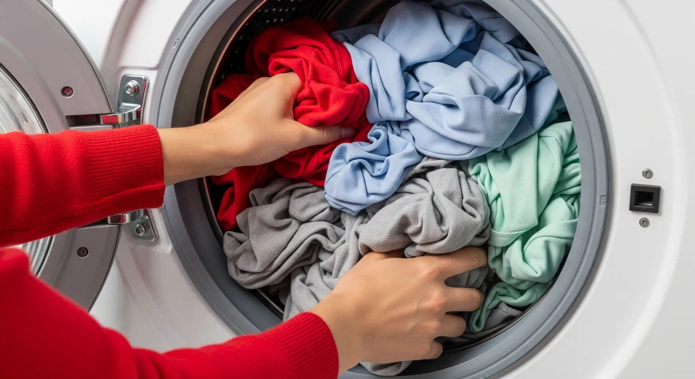 A Person Hands Actively Loading a Large Pile of Vividly Colored Laundry From the Open Drum of a Modern Front-loading Washing Machine