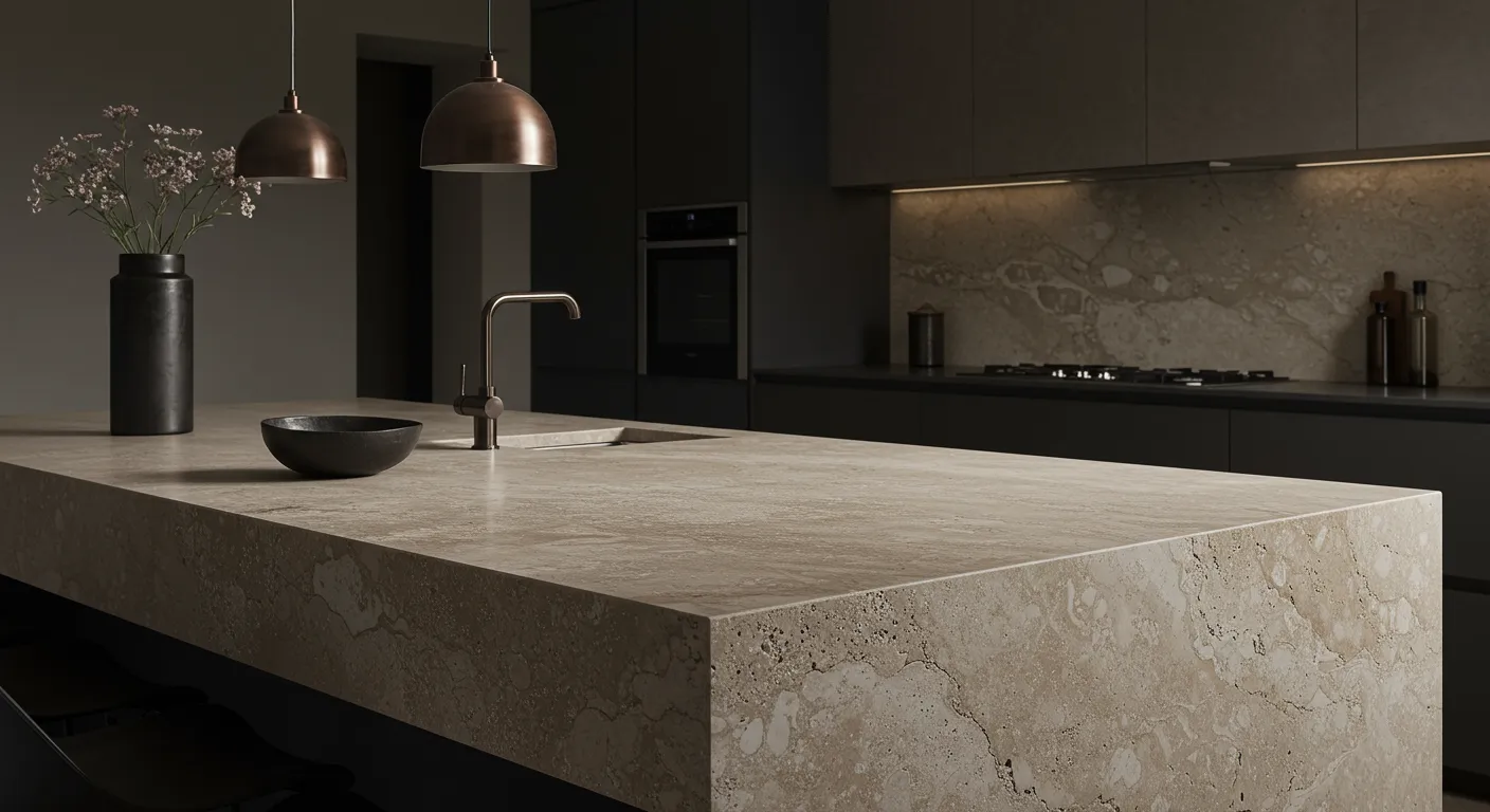 Oversized Travertine Slab Kitchen Island Oversized Travertine Slab Kitchen Island