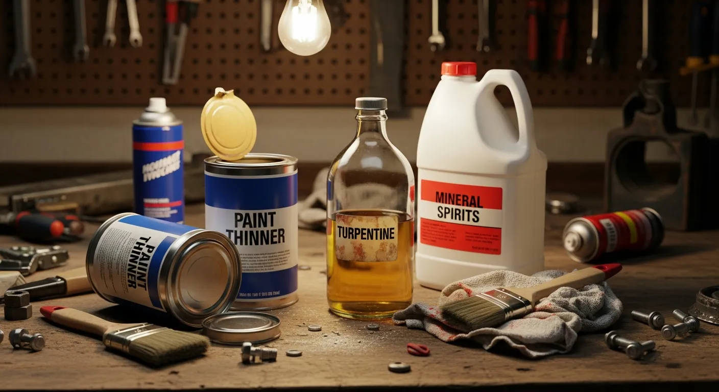 Paint Thinner, Turpentine, and Mineral Spirits Are Placed on a Garage Table