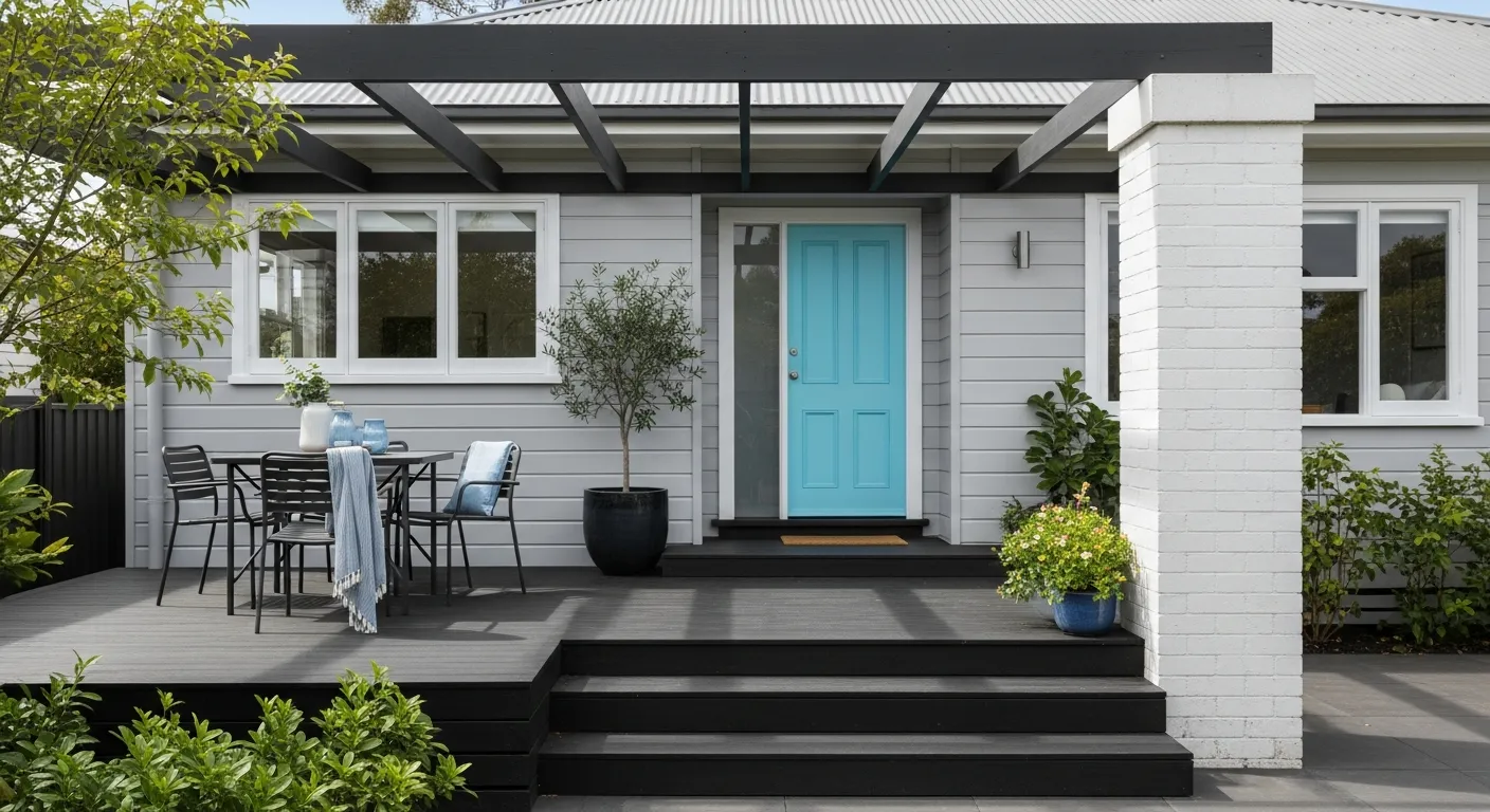 A Dark Charcoal Gray Concrete Patio With Two Steps Leads to a Light Gray House