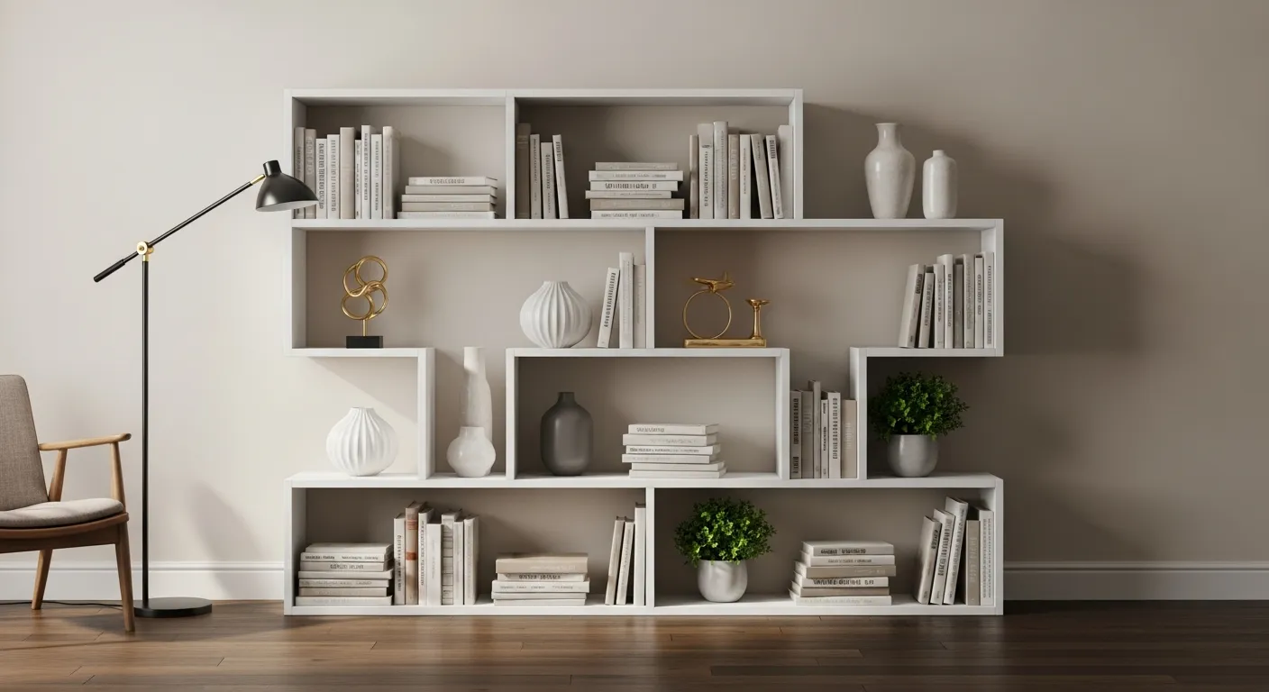 A Modern, Modular White Bookshelf Against a Clean Beige Wall and Dark Wooden Floor
