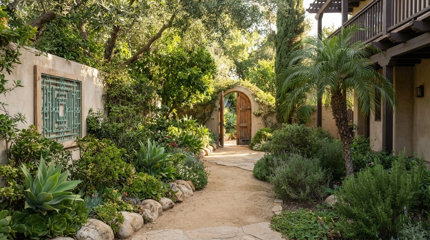 A Tranquil, Winding Outdoor Garden Pathway, Bathed in Warm, Natural Daytime Sunlight