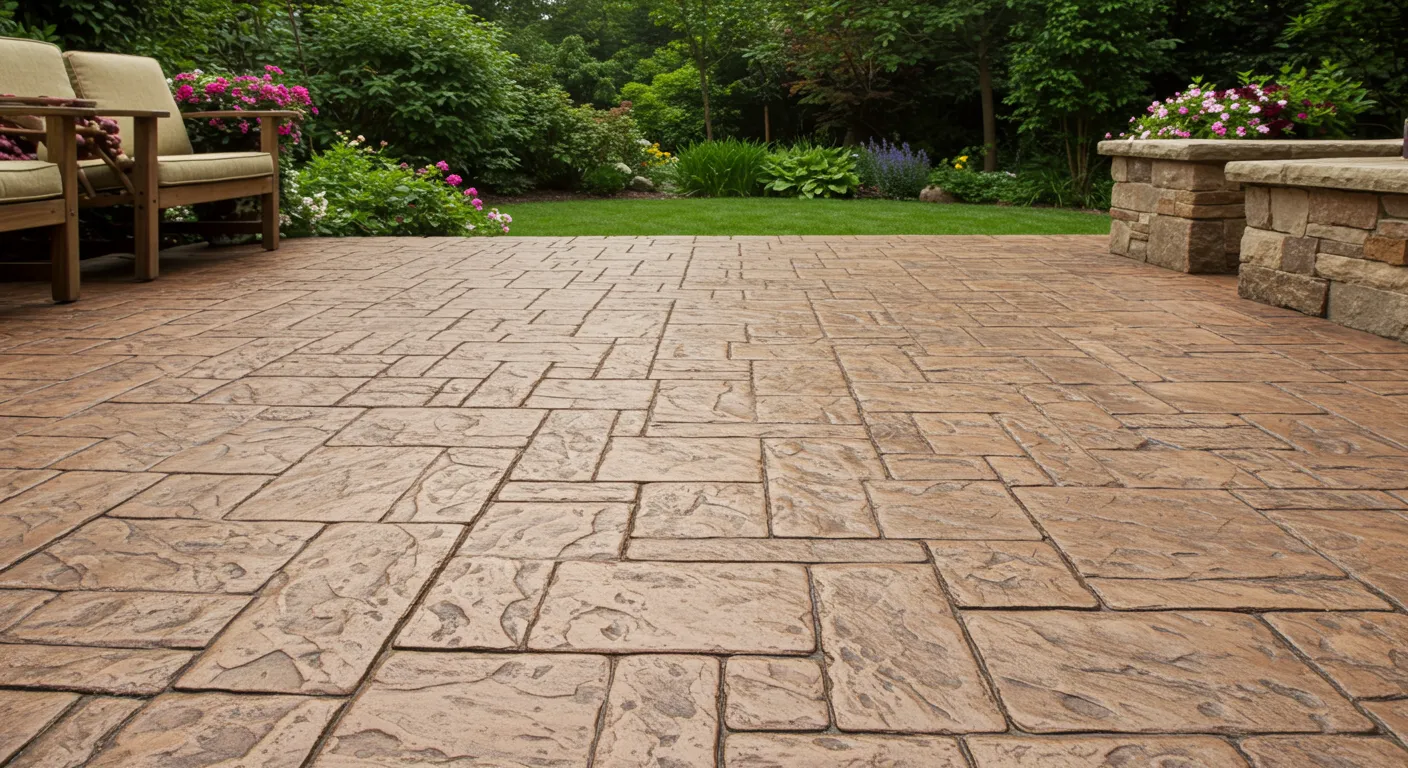 Patio Made of Stamped Concrete Resembling Natural Stone Patio Made of Stamped Concrete Resembling Natural Stone