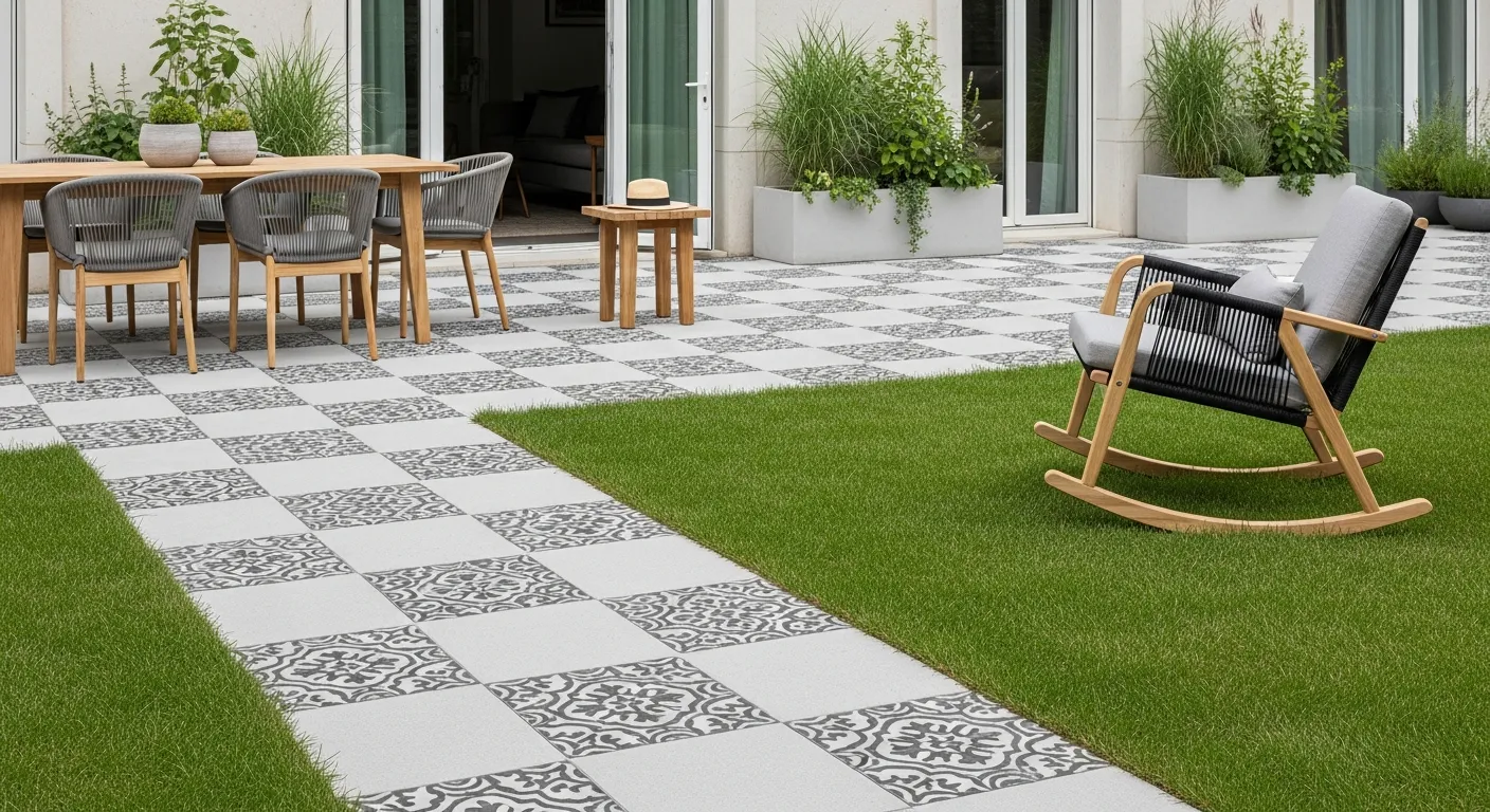 Light Grey Concrete and Intricate Dark Grey Patterned Designs, Extending Diagonally