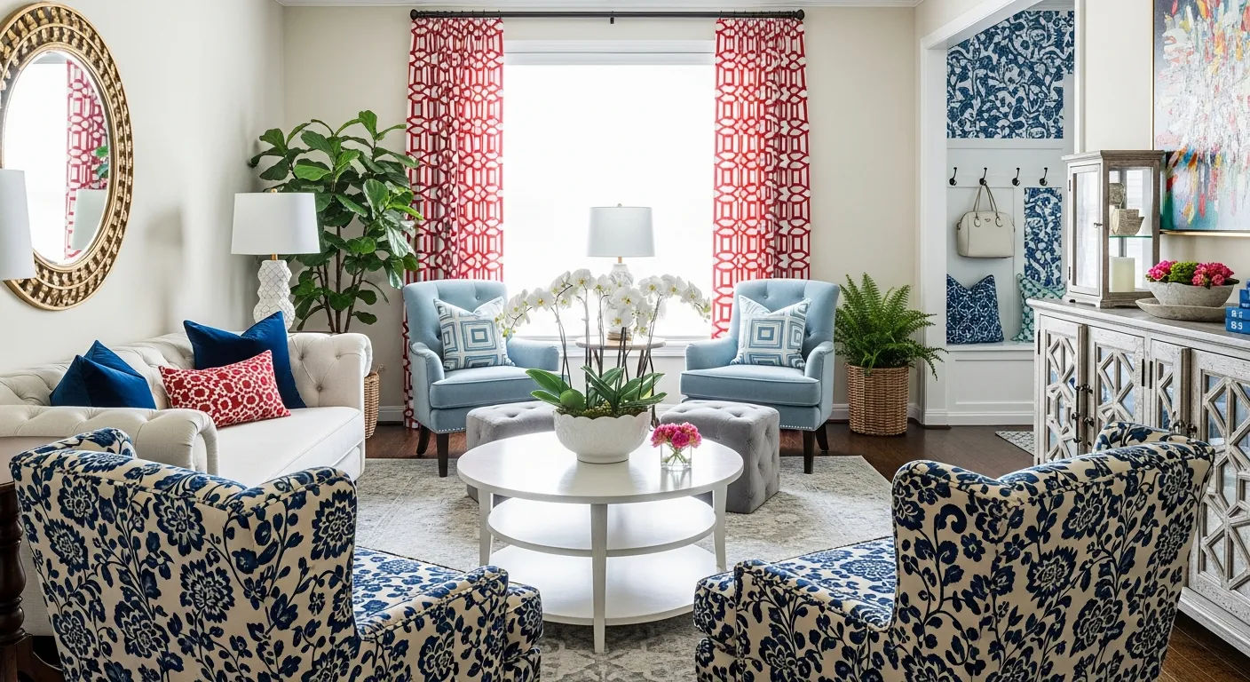 A Plush White Tufted Sofa is Richly Accented With Navy Blue Velvet and Red Patterned Throw Pillows