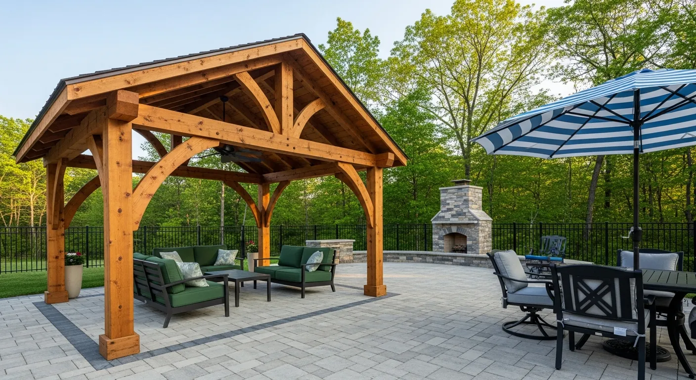 A Warm Brown Timber Beams and Decorative Arched Supports Under a Pitched Roof