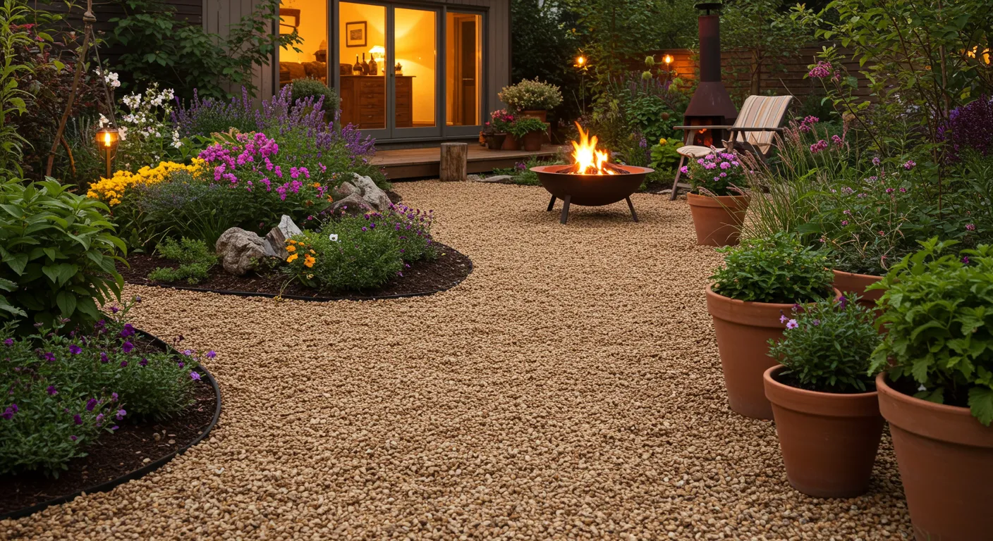 Pea Gravel Walkway Winding Through a Lush Garden Pea Gravel Walkway Winding Through a Lush Garden