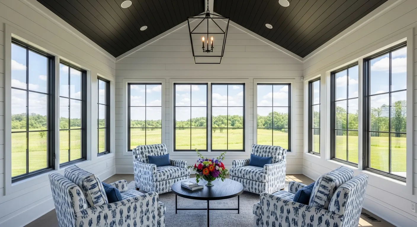 A Bright, Modern Farmhouse Style Sunroom With White Shiplap Walls and a Dark Vaulted Ceiling