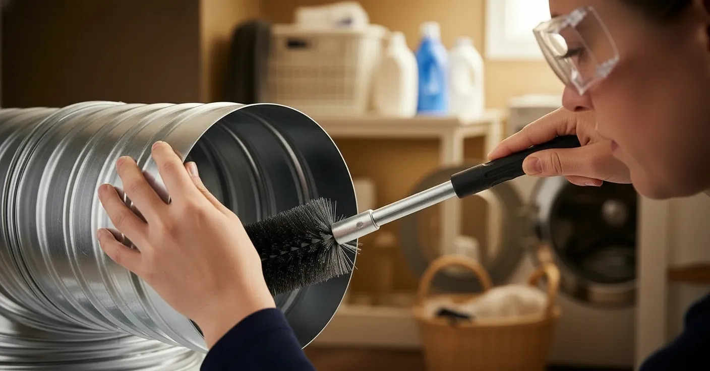 Person Wearing Safety Glasses Brushing Dryer Duct With Specialized Long Brush Person Wearing Safety Glasses Brushing Dryer Duct With Specialized Long Brush
