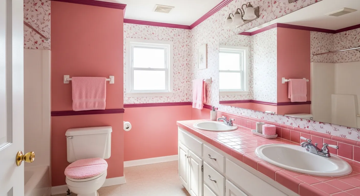 A Rosy Pink Paint With a Darker Pink Trim, Patterned White and Pink Wallpaper, a White Toilet