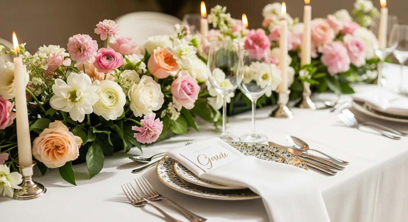 A Single Place Setting With a Decorative Ceramic Plate, White Napkin, and Polished Silverware