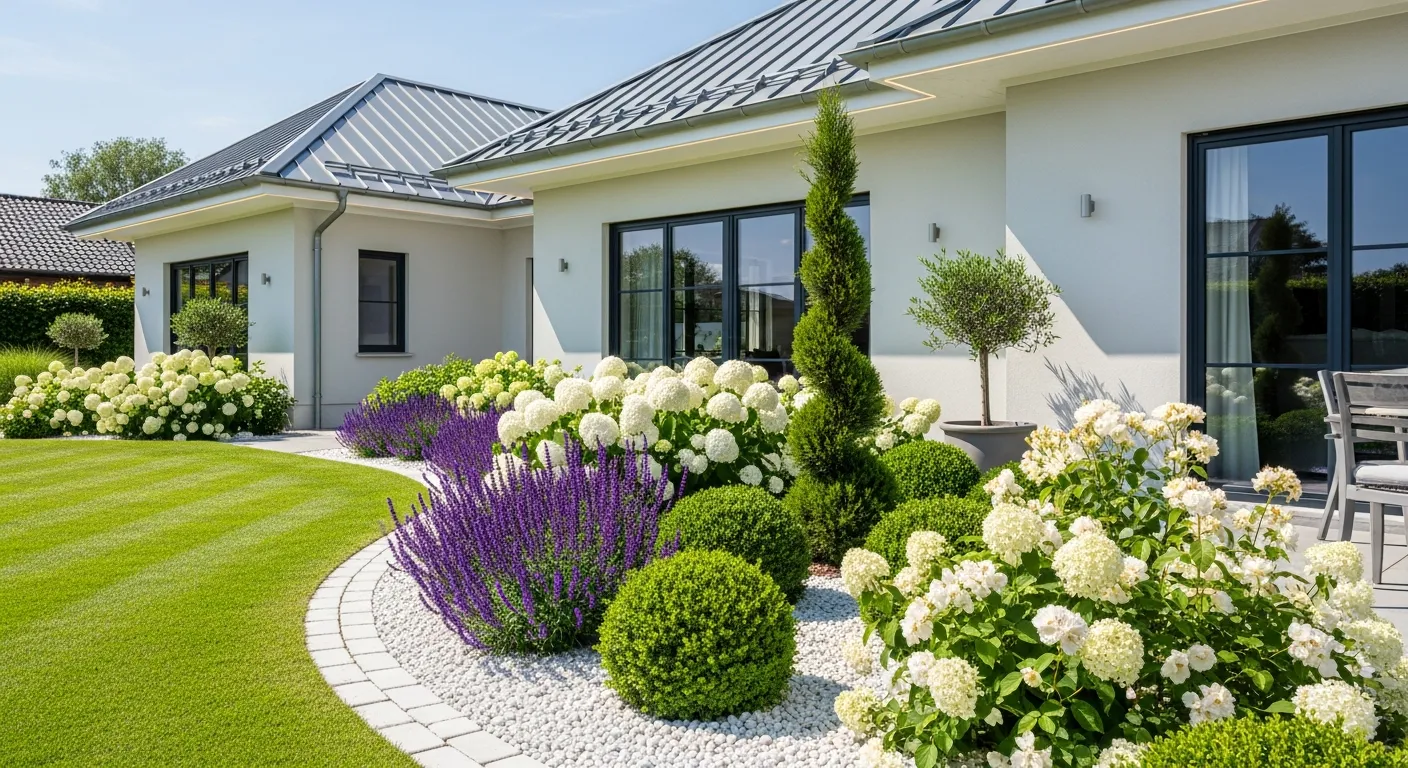 A Perfectly Mowed Green Lawn Curving to the Left, Bordering a Flower Bed With White Paver Stones and White Decorative Pebbles