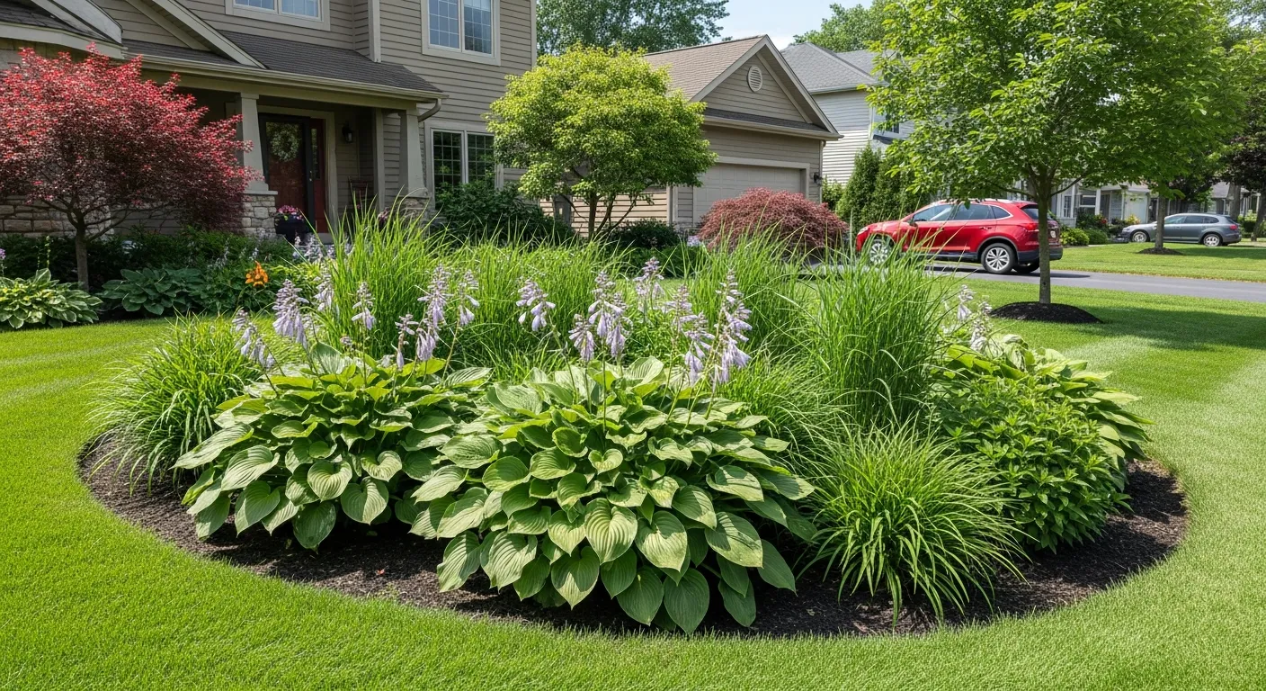 A Lush, Vibrant Suburban Rain Garden in a Well-maintained Front Yard