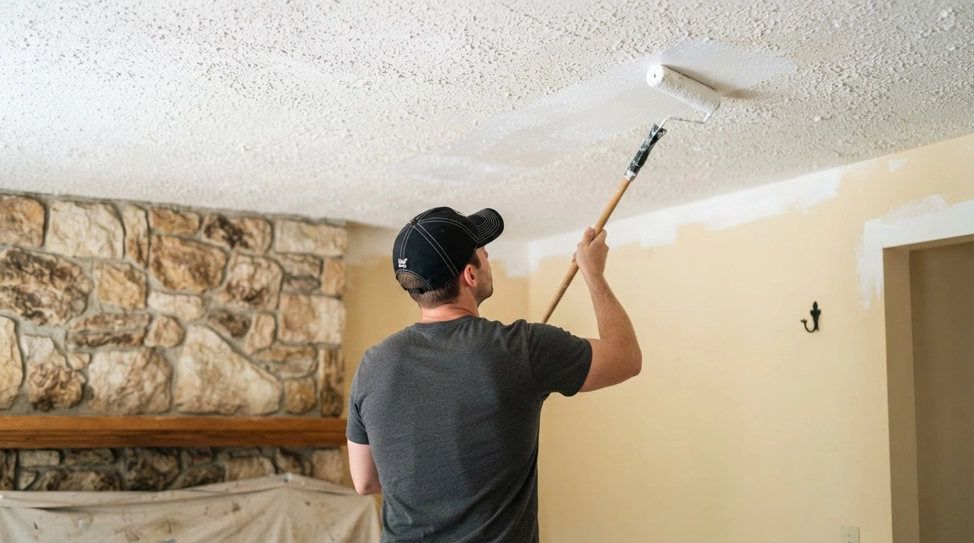 The Person is Actively Painting a Heavily Textured, White Popcorn Ceiling With a Long, Wooden-handled Paint Roller
