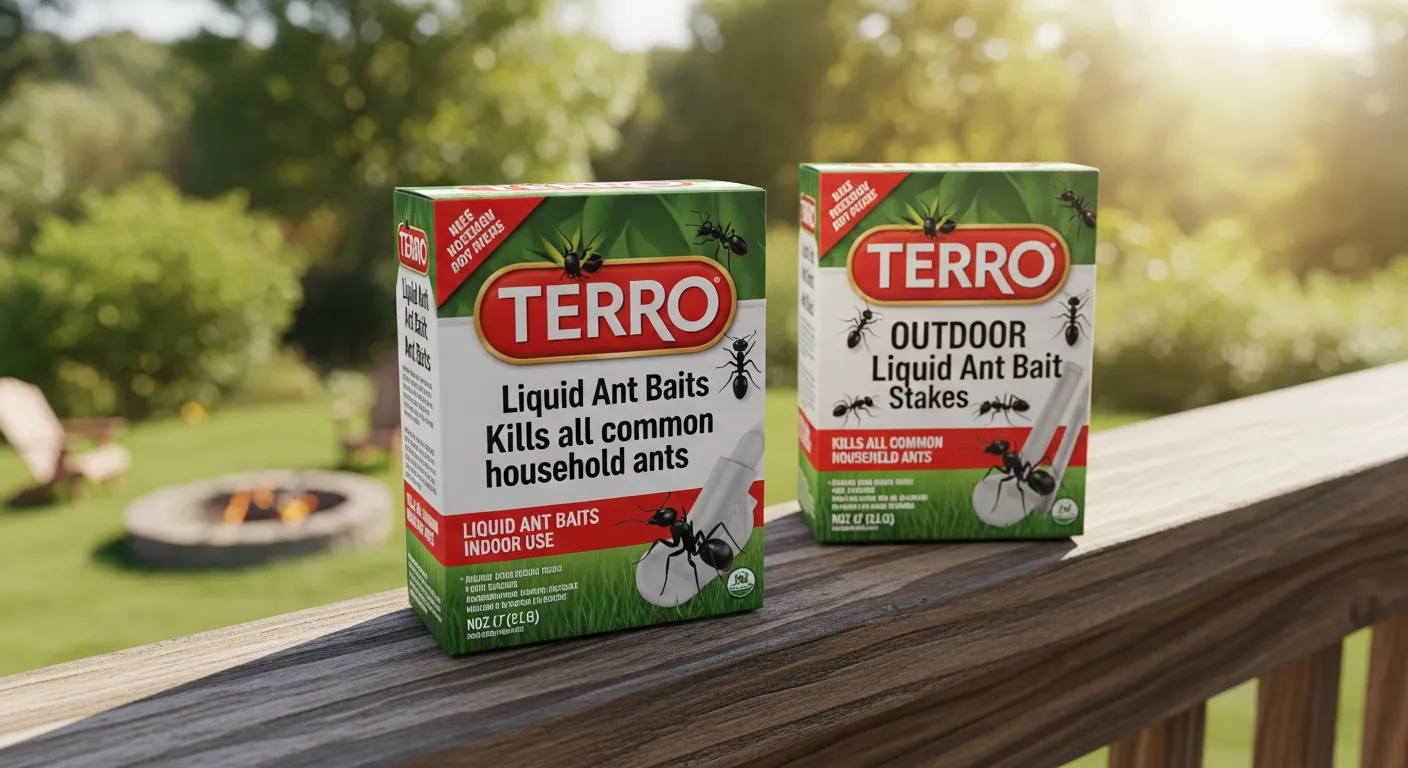 Two Terro Ant Killer Boxes on a Wooden Railing