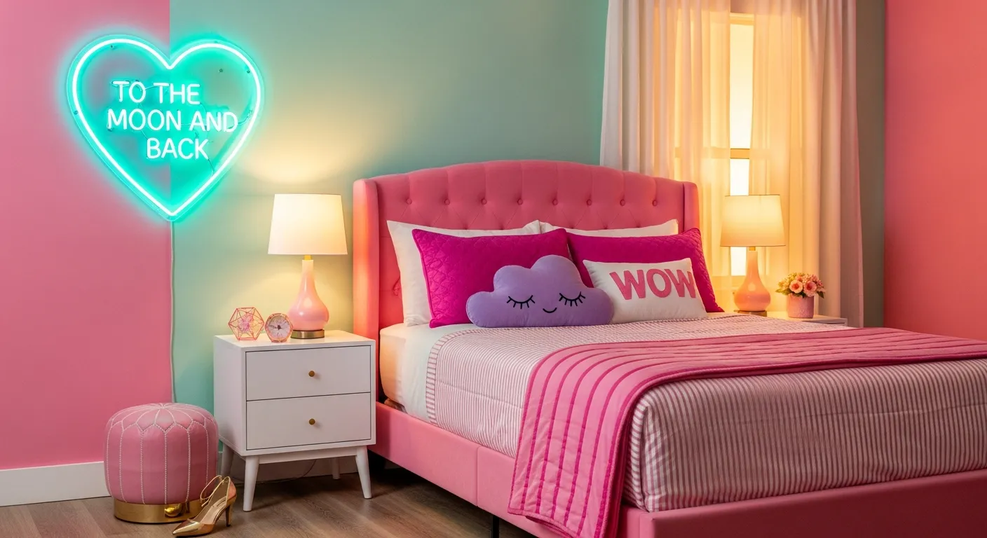 A Pink Upholstered Bed With Pink and White Striped Bedding, a Purple Cloud Pillow
