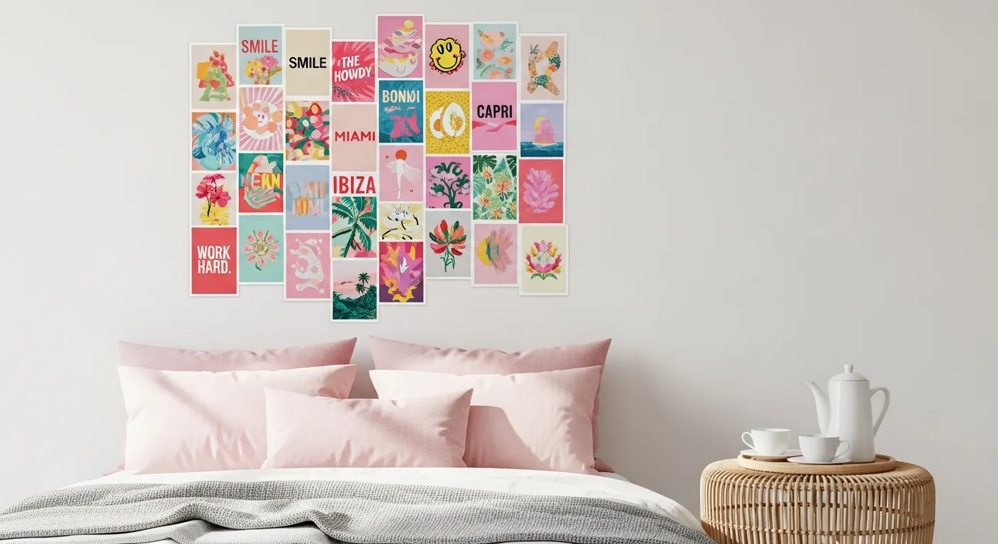 The Wall Collage Features Numerous Small, Colorful Prints With Pop Culture, Travel, Abstract, and Affirmation Themes