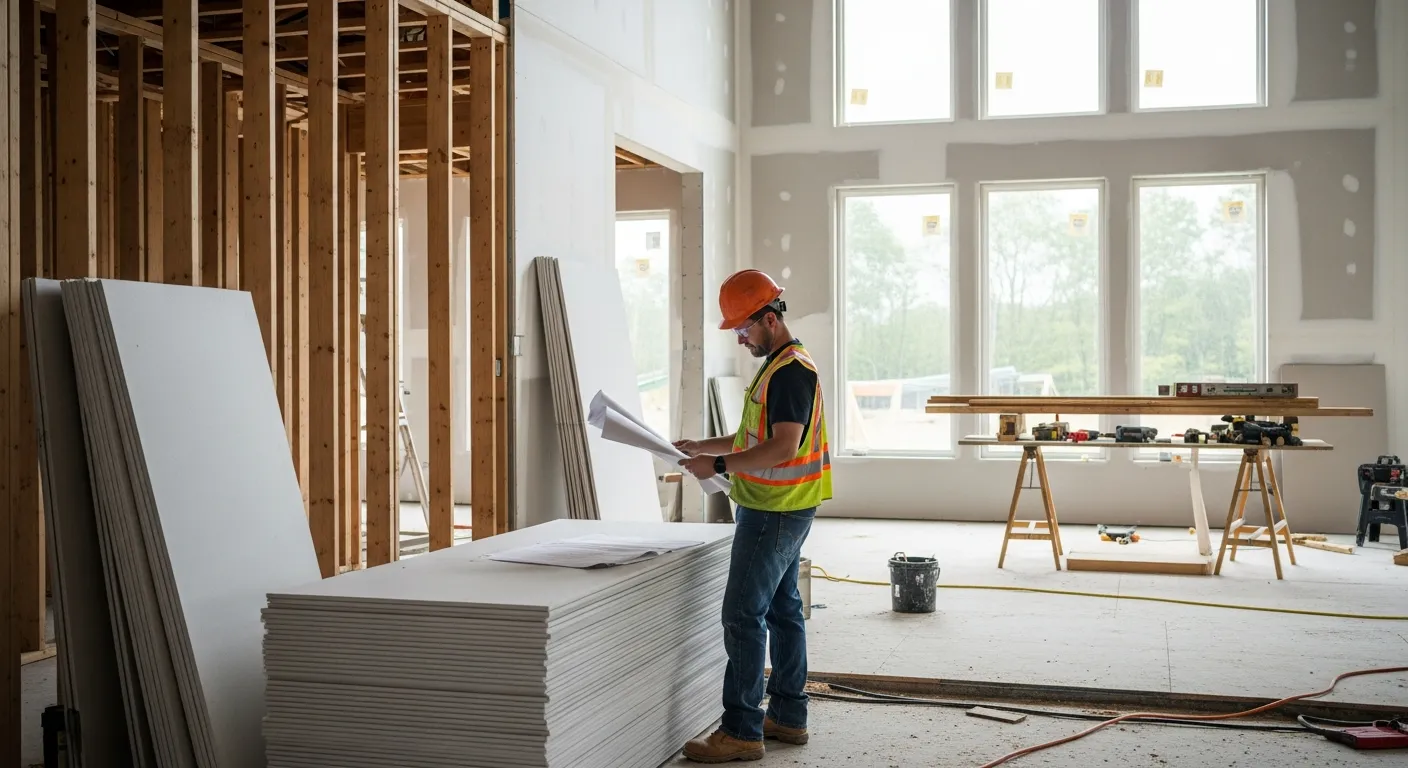 A Construction Worker, Inspecting Blueprints Inside a Modern House Under Construction