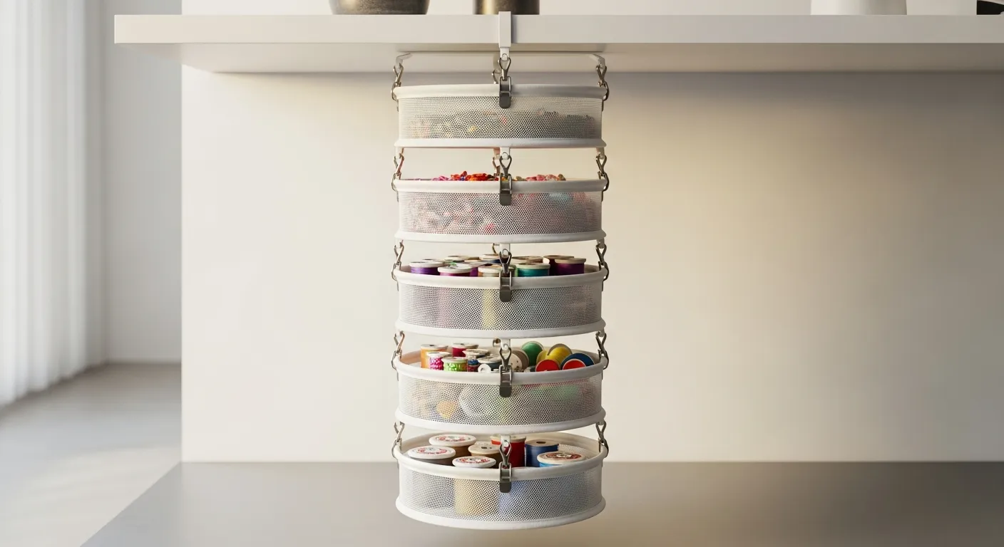 Pristine, Round, Multi-tiered Hanging Storage Baskets Crafted From Durable, Translucent White Mesh, is Connected by Small, Metallic, Adjustable Clips