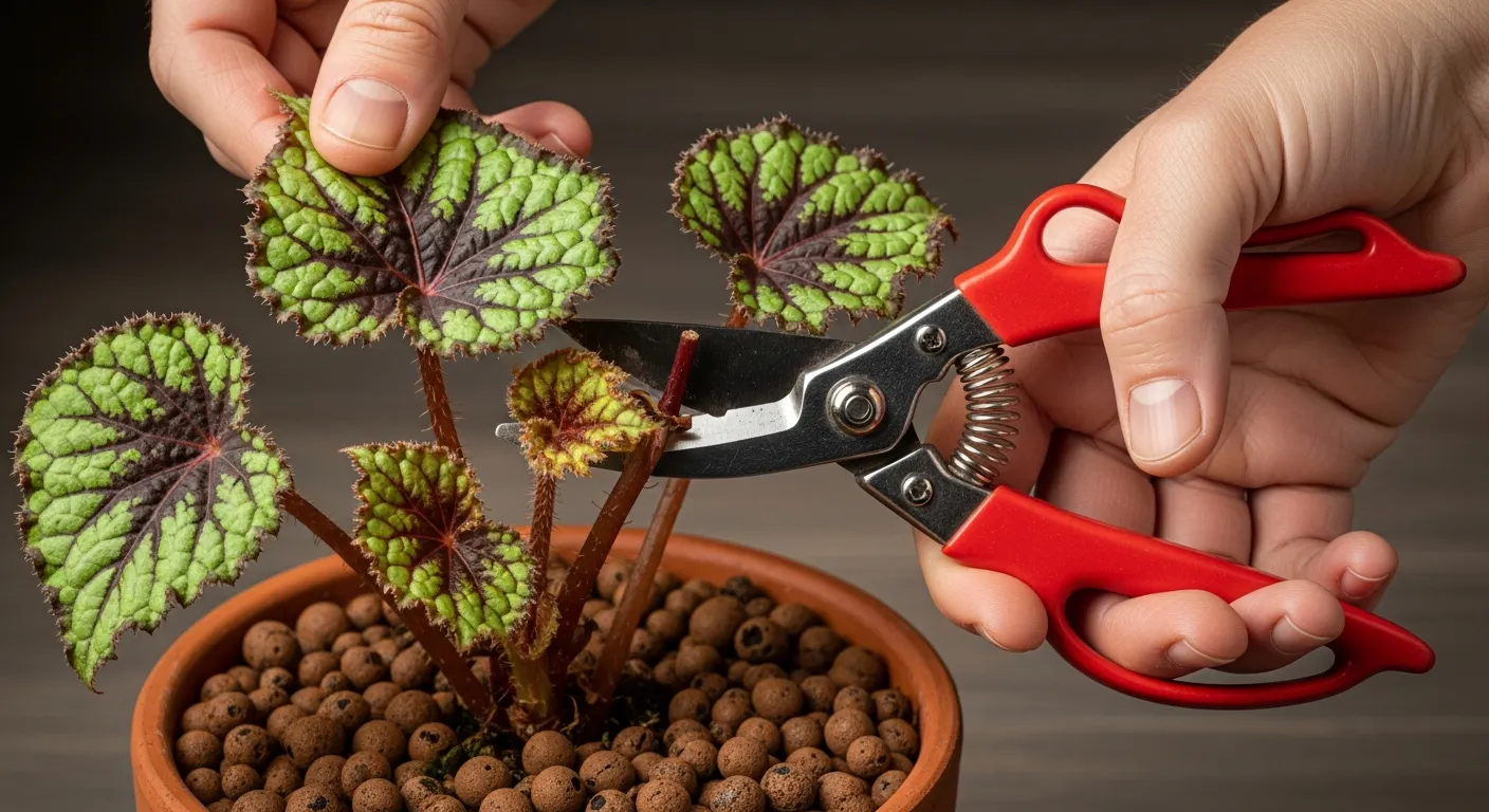 An Adult Human Hands Actively Pruning a Fully Bloomed Healthy Rex Begonia Plant Steam