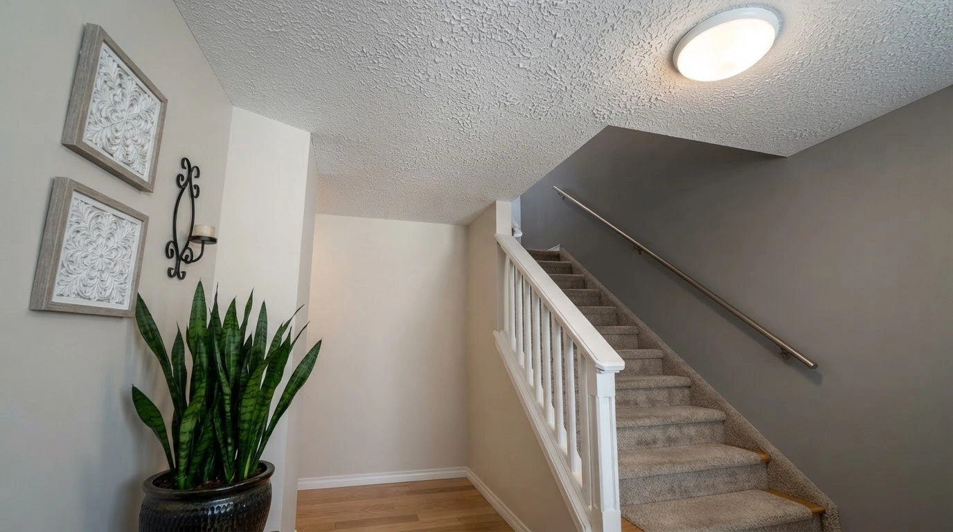 A Light Gray Popcorn Textured Ceiling, Exhibiting Distinct, Irregular Bumps and Shadows