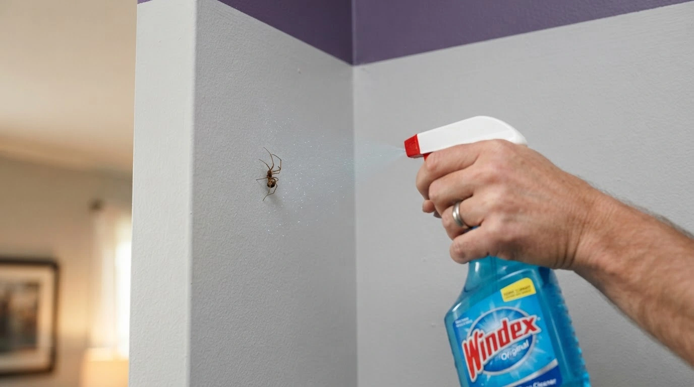 A Classic, Translucent Blue Windex Spray Bottle, Its Nozzle Precisely Aimed at the Spider