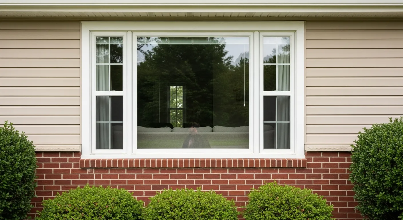A Large, Centrally Positioned Double-hung Window With Crisp White Trim Stands Against Warm Beige Horizontal Siding