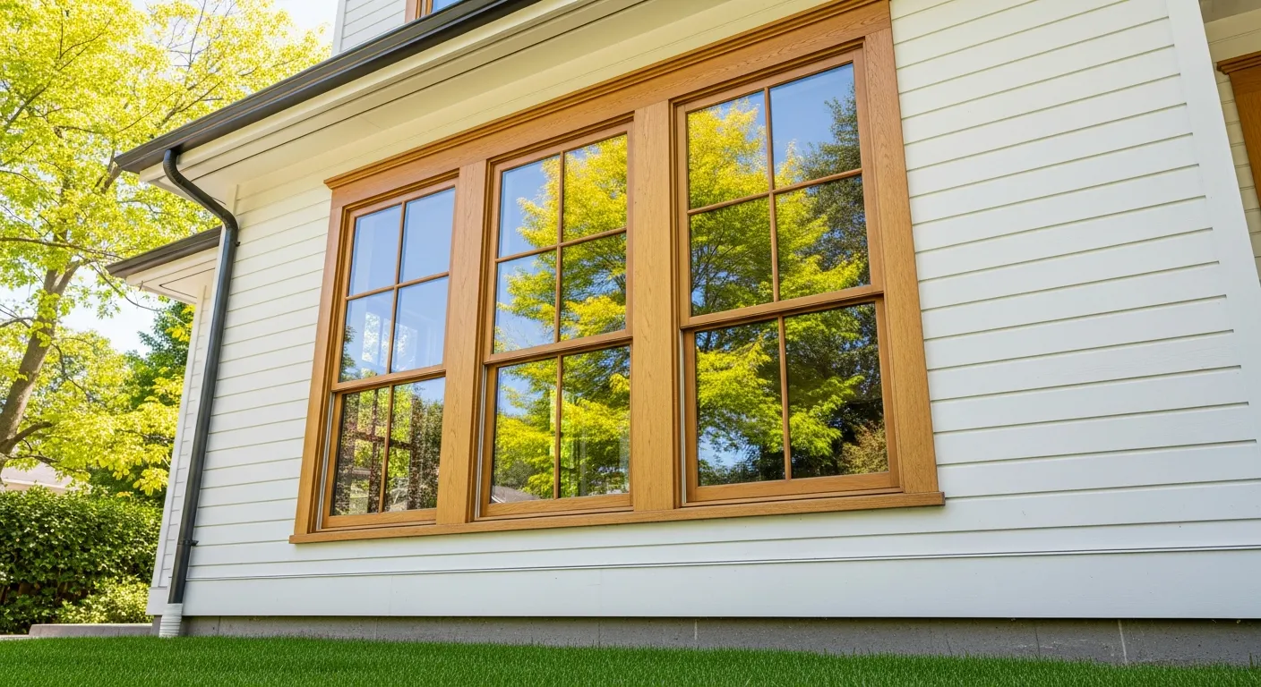 Three Tall, Natural Light-brown Wooden-framed Windows, Each With a Grid of Multiple Panes