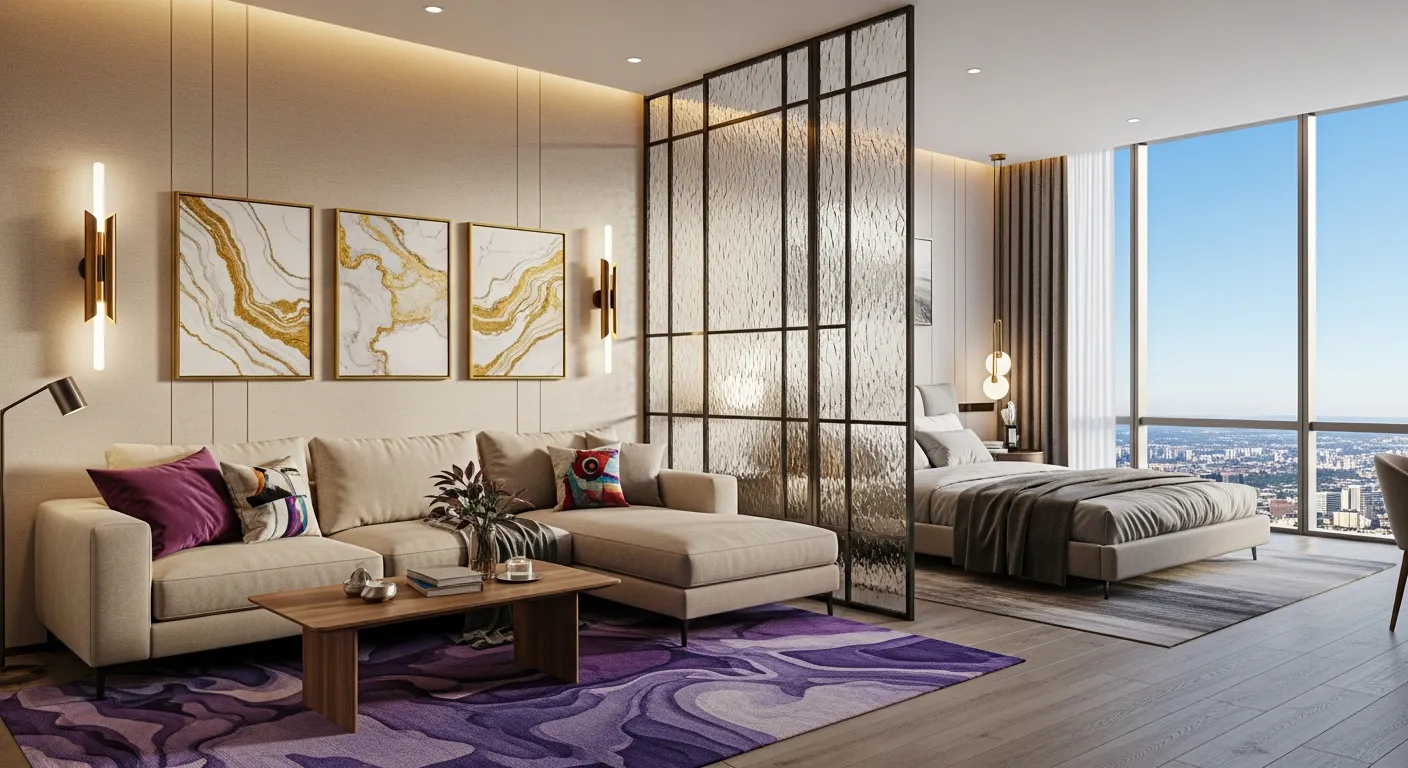 A Beige L-shaped Sectional Sofa With Vibrant Throw Pillows and a Wooden Coffee Table on a Purple Abstract Rug