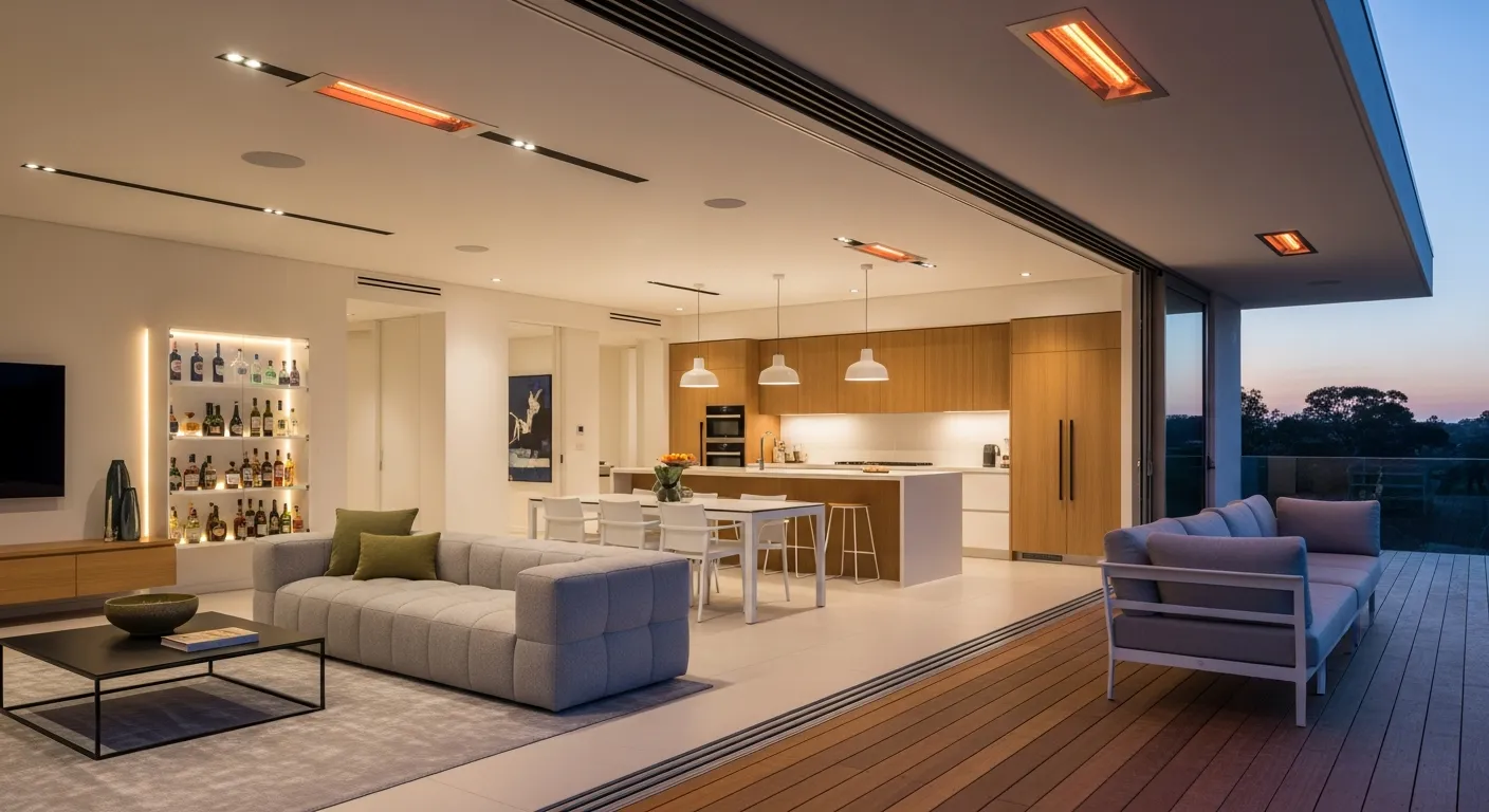 Recessed Mount Heater in a Modern Open-Plan Indoor Living Area Seamlessly Transitioning Into an Expansive Outdoor Wooden Deck