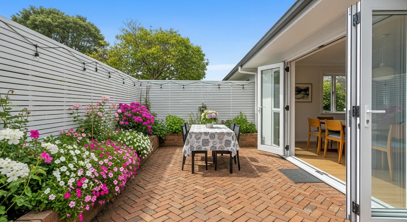 Herringbone Brick Flooring, a Lush Garden Bed With Pink and White Flowers, and a Small Dining Set