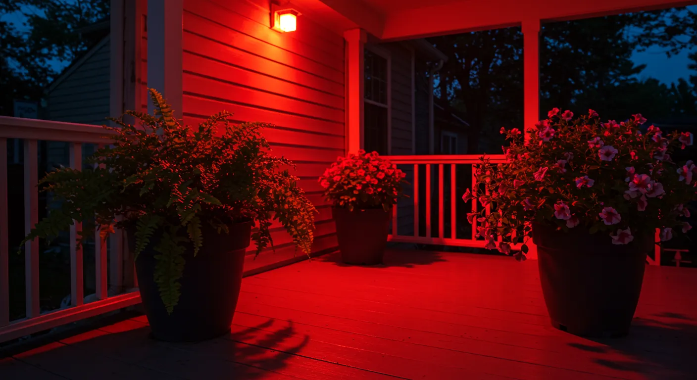 Red Porch Light Illuminates Thriving Potted Plants Red Porch Light Illuminates Thriving Potted Plants