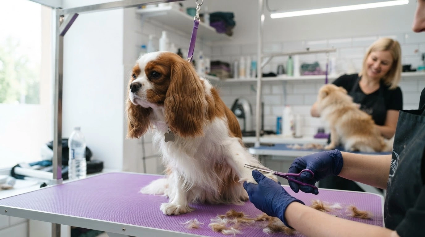 A Beautiful Brown and White Cavalier King Charles Spaniel, With Long, Silky Fur, Sits Calmly on a Vibrant Purple Grooming Table