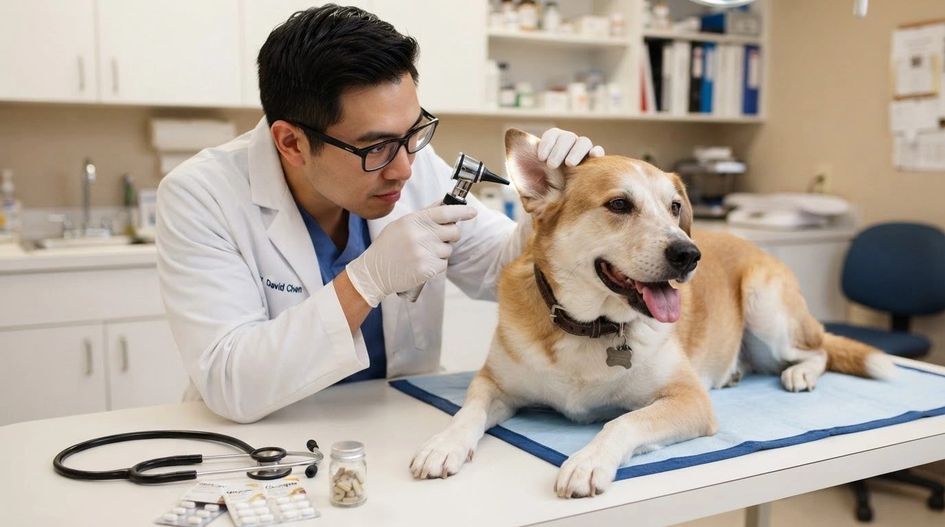 A Male Veterinarian Performing an Ear Examination on a Large Dog