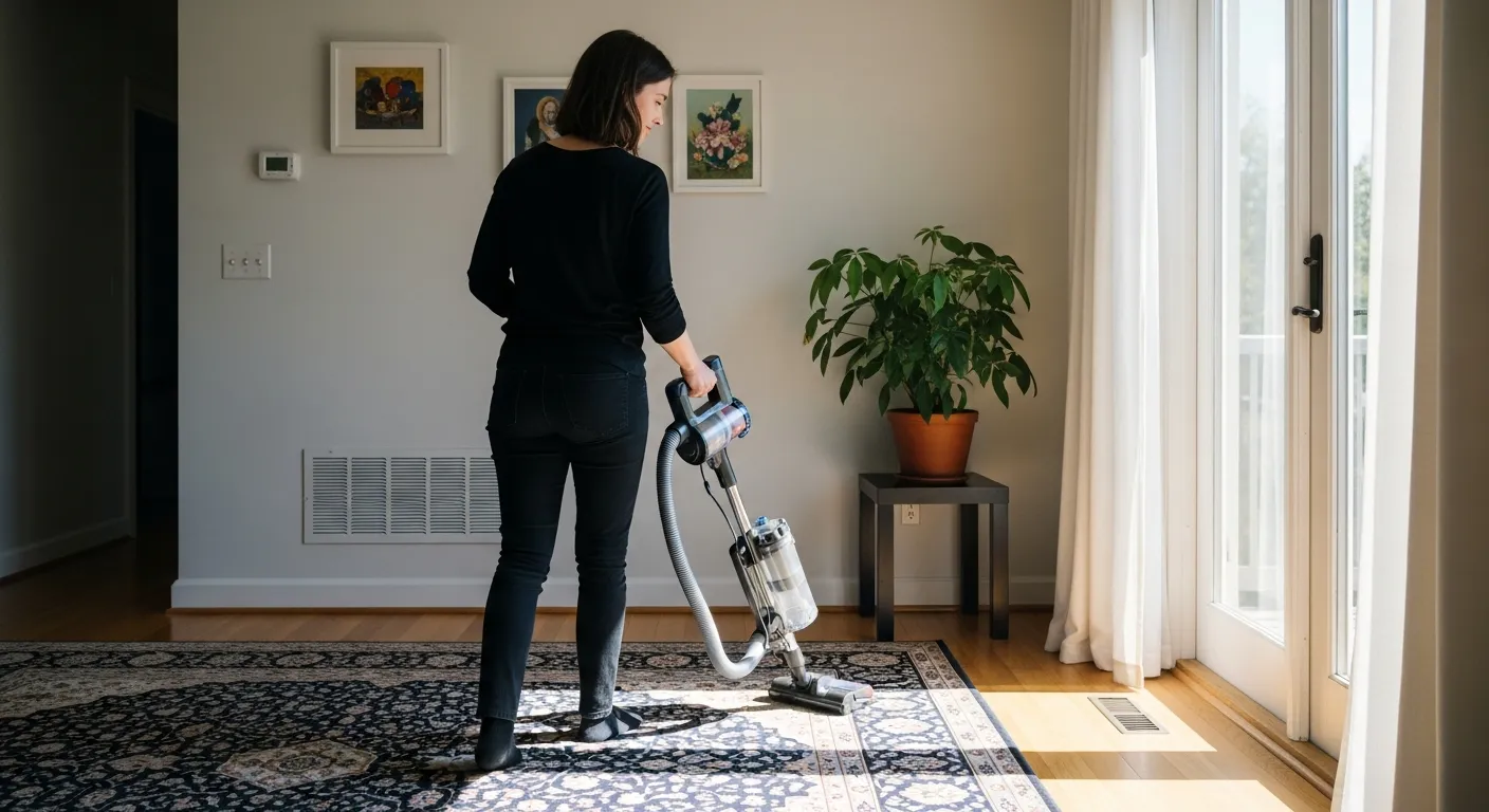 A Woman Vacuuming an Intricate Patterned Rug in a Bright, Sunlit Living Room
