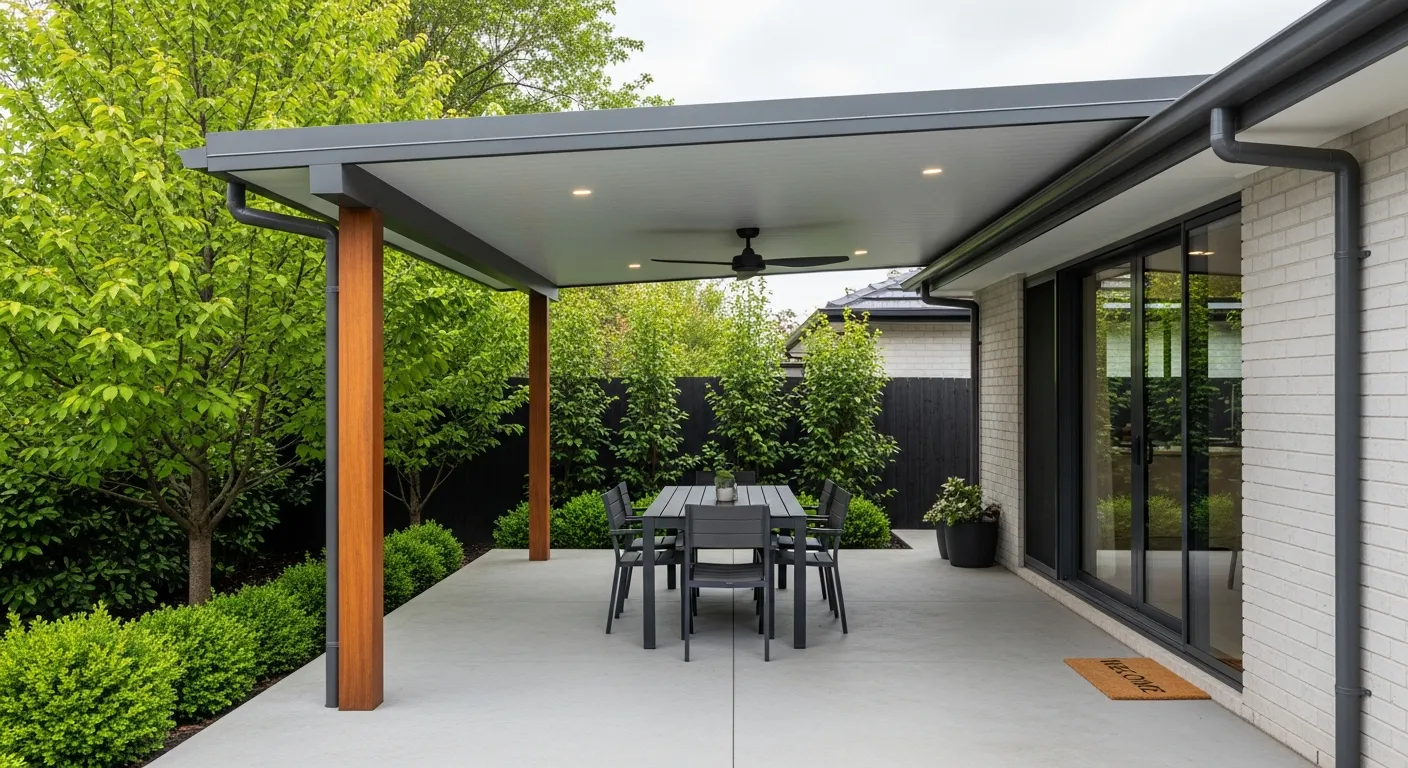A Minimalist, Flat-sloped Grey an Insulated Patio Cover and the Patio Floor is a Spacious, Smooth, Light Grey Concrete Slab