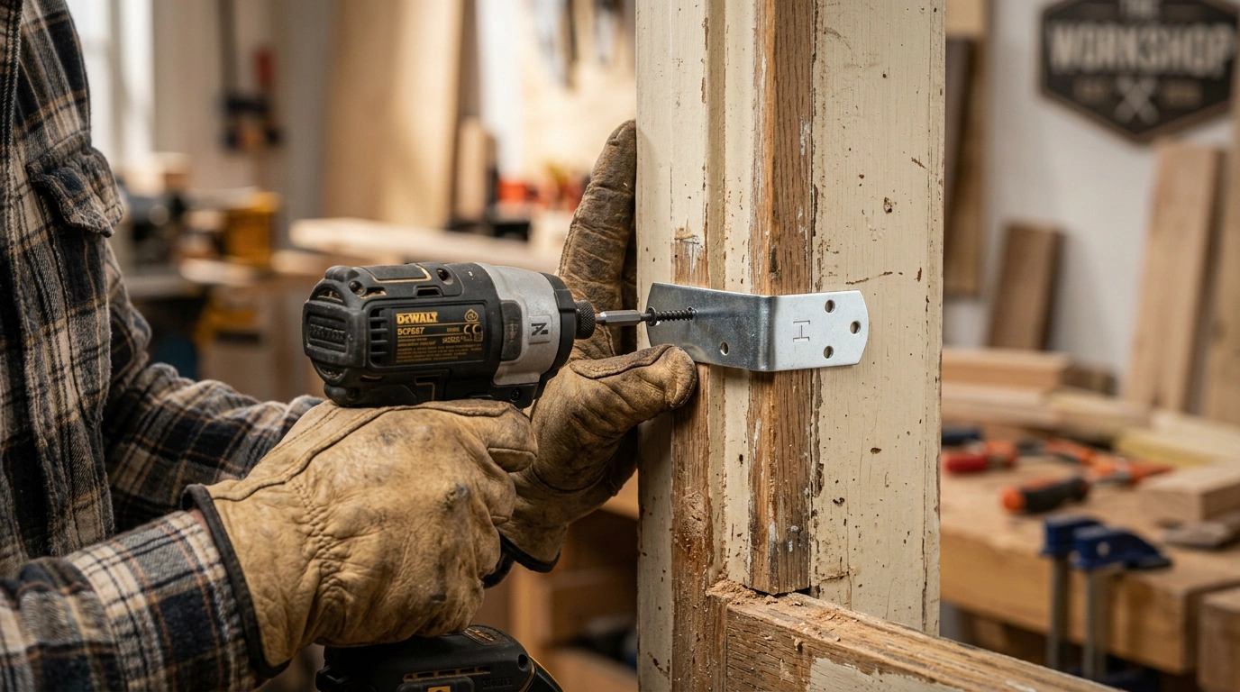 The Meticulous Process of Skilled, Rugged Hands, Possibly Wearing Work Gloves, Precisely Reinforcing a Wooden Door Frame