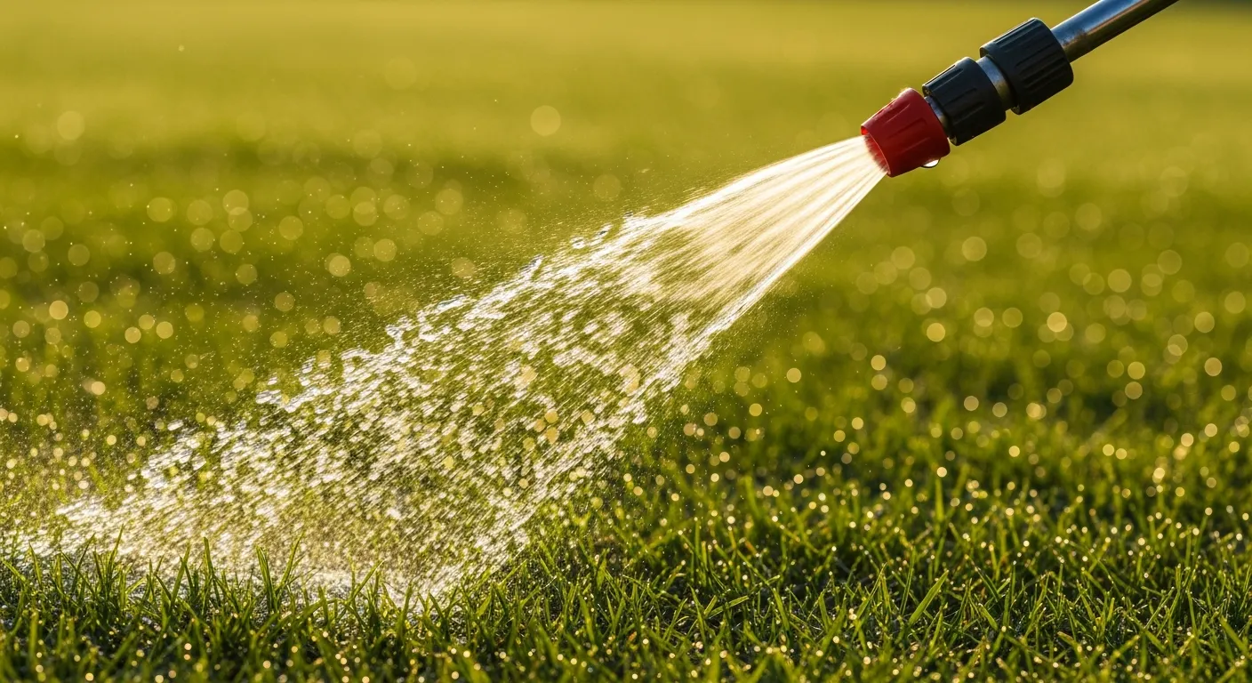 A Grey and Black Plastic Sprayer, a Powerful, Wide Stream of Water Droplets Erupts Downwards to Impact the Green Grass