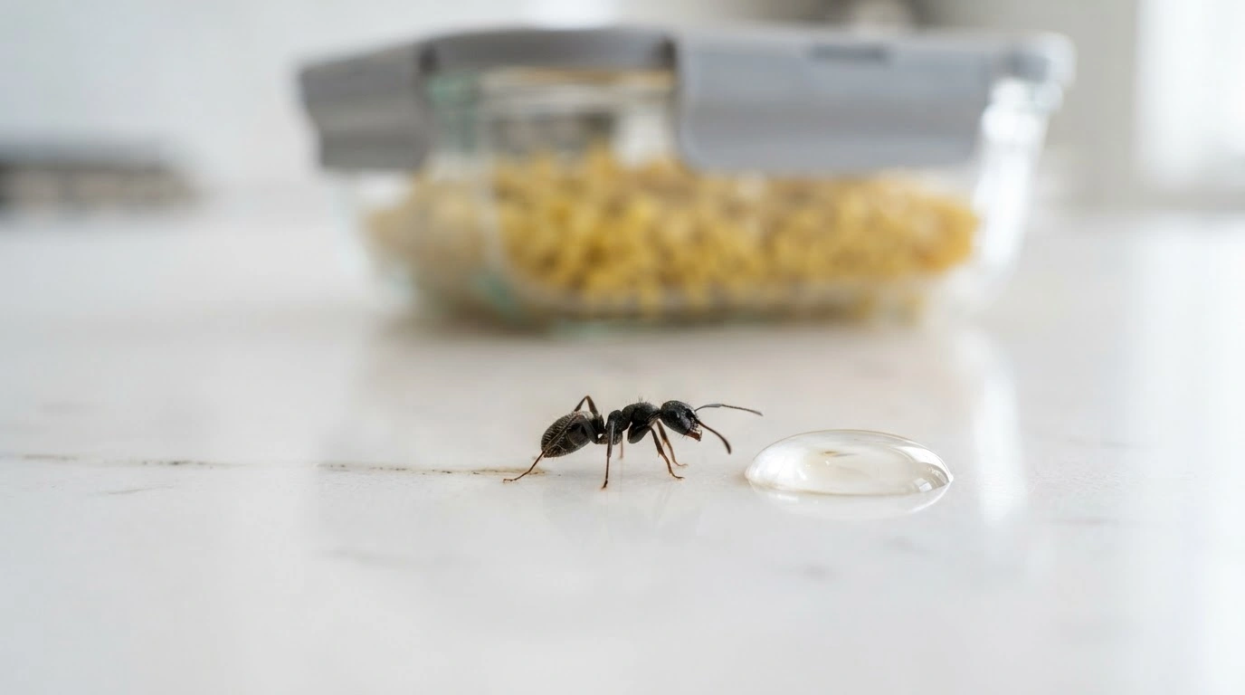 A Single Tiny Black Ant Meticulously Following a Faint Trail on a Pristine, Gleaming White Quartz Kitchen Countertop