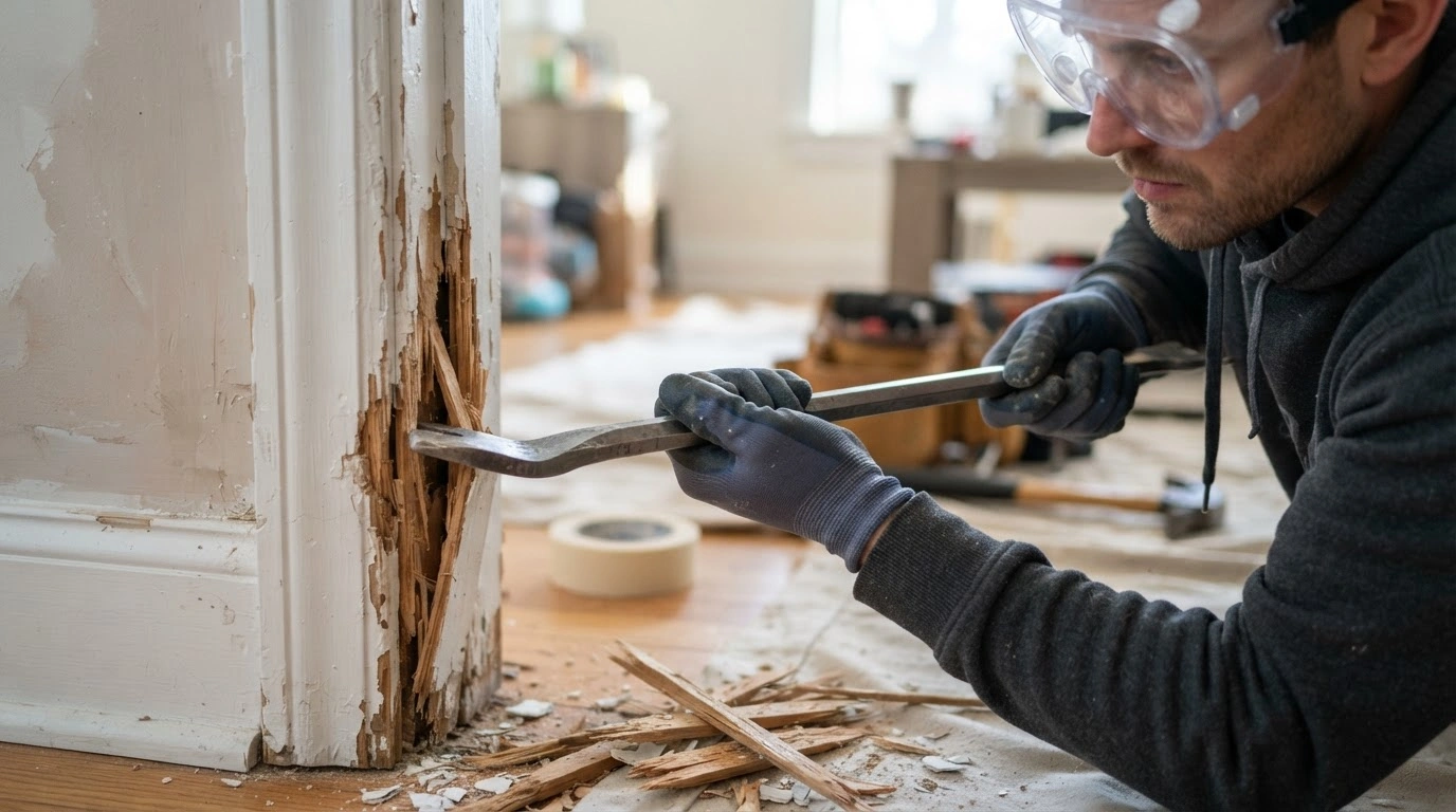 A Skilled Diyer, Carefully Prying Away a Section of Damaged, Painted Wooden Door Frame Molding With a Sturdy, Silver Pry Bar