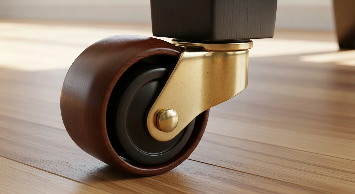 A Shiny Brass Furniture Caster With a Dark Wheel Rests Within the Cup, Attached to a Dark Bed Leg