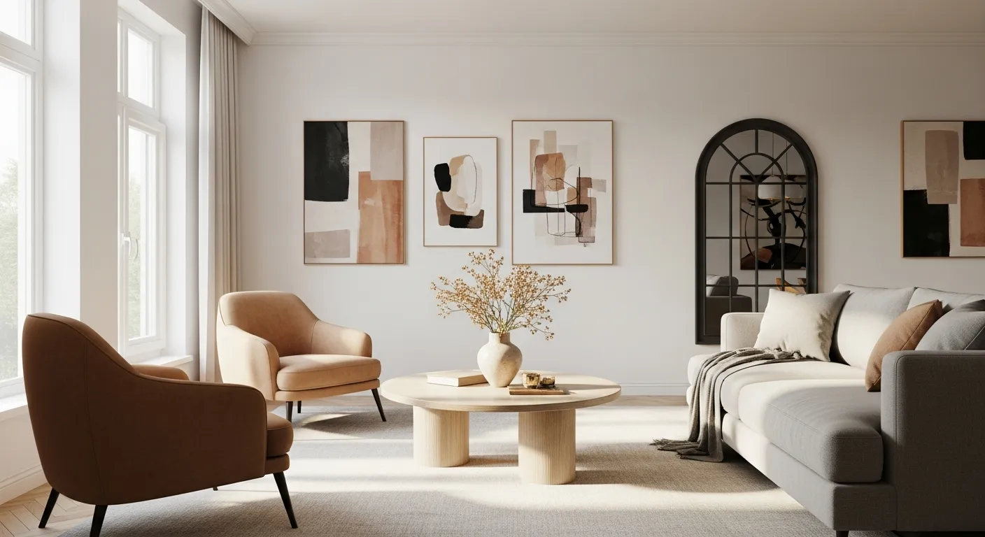 A Light Brown Armchair in the Foreground Left Faces a Light Grey Sofa on the Right