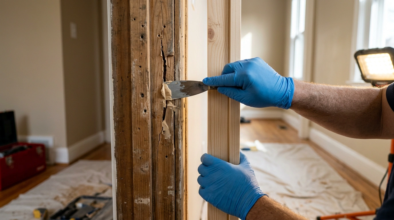 Gloved Hands Actively Repairing a Damaged Interior Wooden Door Frame