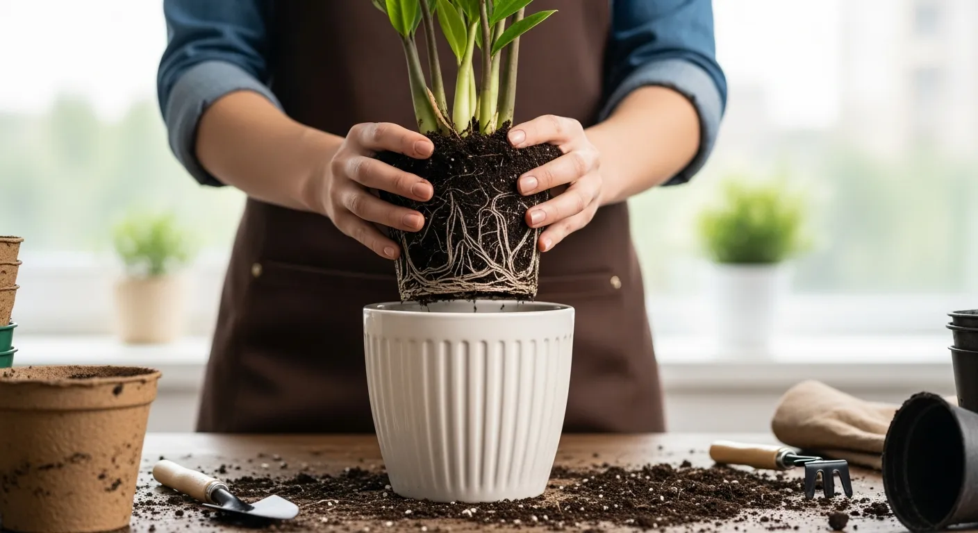 The Plant's Soil-covered Root Ball Over a New White, Ribbed Ceramic Pot