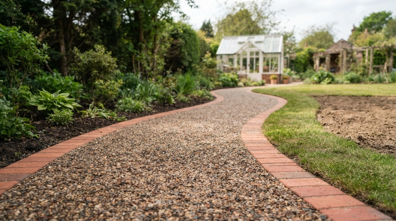 The Driveway, Made of Resin-coated Decomposed Granite, Small, Exposed Aggregate Pebbles in a Blend of Earthy Tones