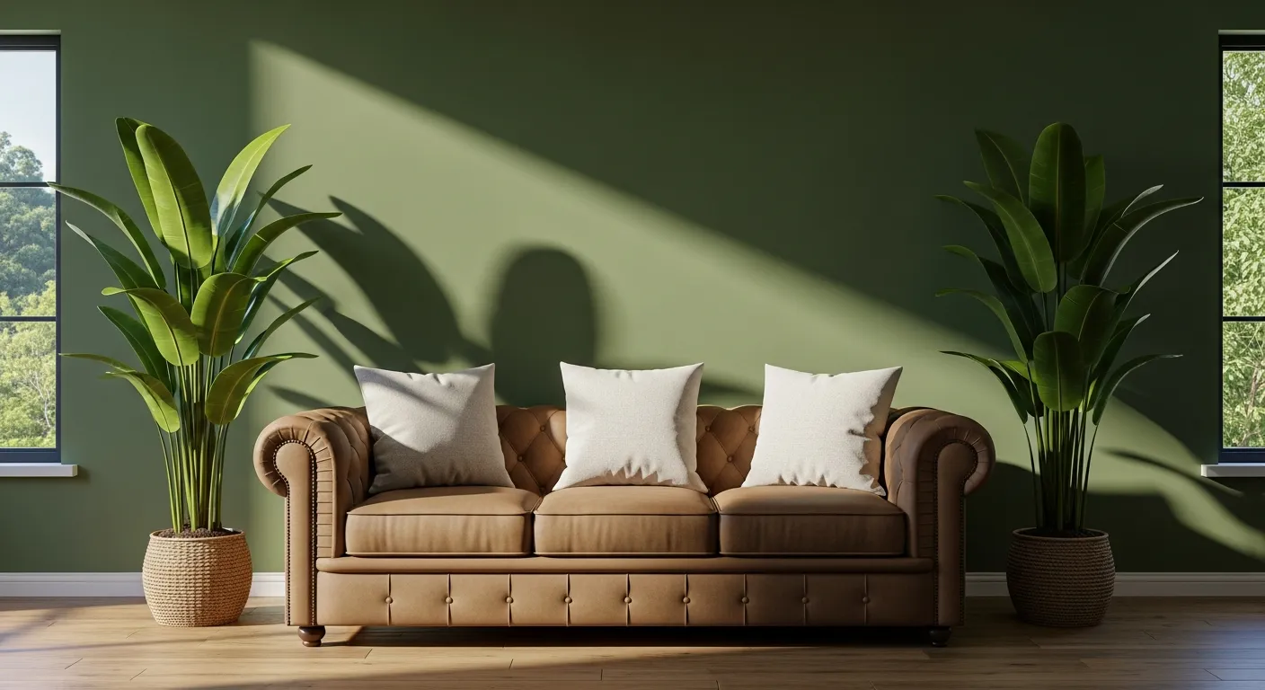 A Dark Tan Tufted Chesterfield Sofa, Centered, Adorned With Three Plush Off-white Throw Pillows