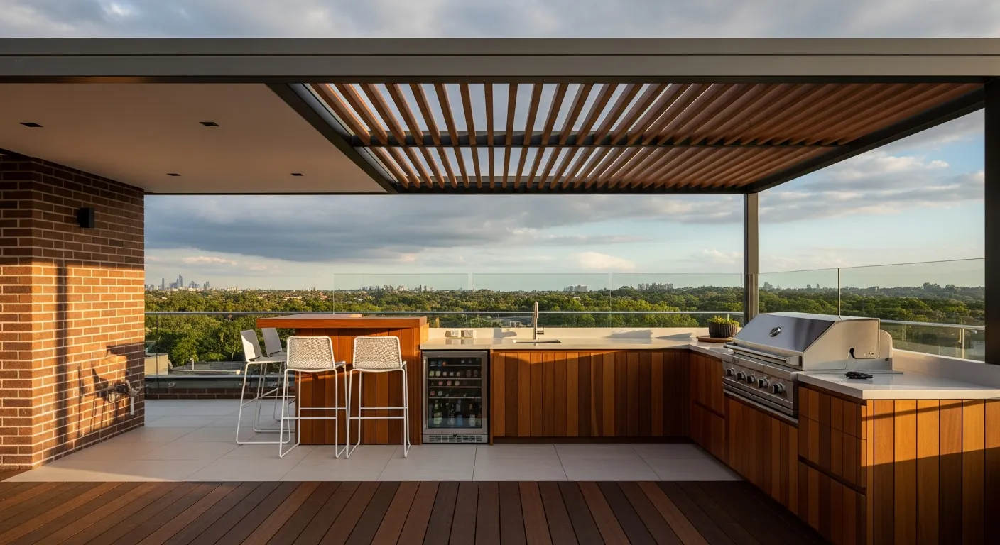 A Slatted Wooden Pergola With a Black Metal Frame Provides Partial Shade